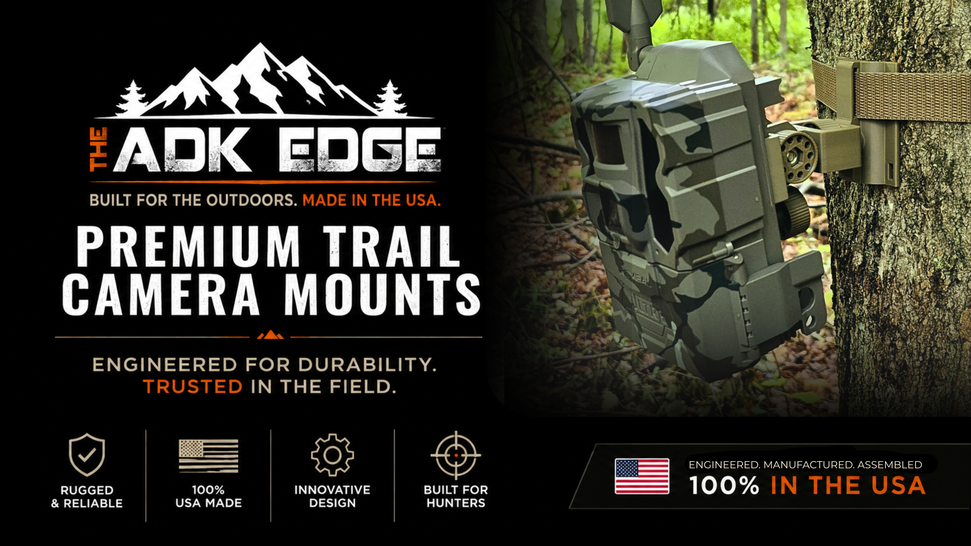 ADK Edge premium trail camera mounts advertisement with a camera attached to a tree in a forest setting.